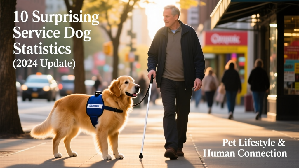 A golden retriever wearing a blue service vest, calmly guiding a person with a white cane through a busy sidewalk