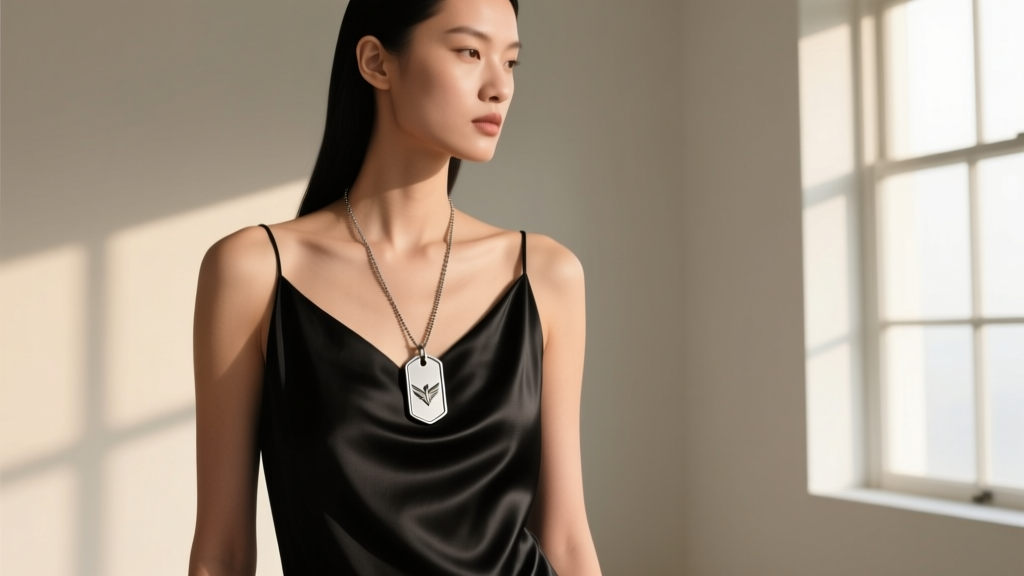 Brushed titanium army tag necklace on a black silk slip dress, showcasing military chic styling in soft natural window light.