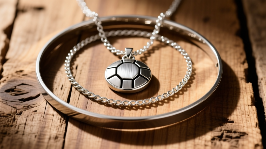 Flat lay of three layered silver necklaces featuring a choker, a mid-length chain, and a large sports pendant on textured wood.
