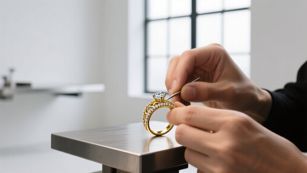Jeweler's loupe examining worn prongs on an 18k rose gold ring under warm workshop lighting with a shallow depth of field.