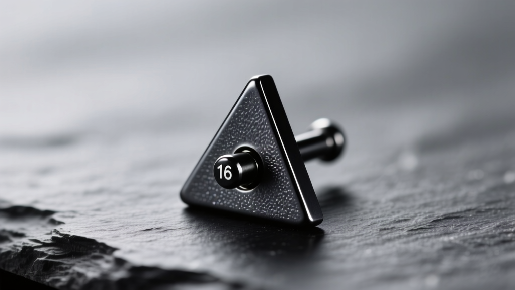 Macro shot of a 16-gauge black niobium triangle cartilage stud on dark slate, showing the anodized matte texture and sharp edges.