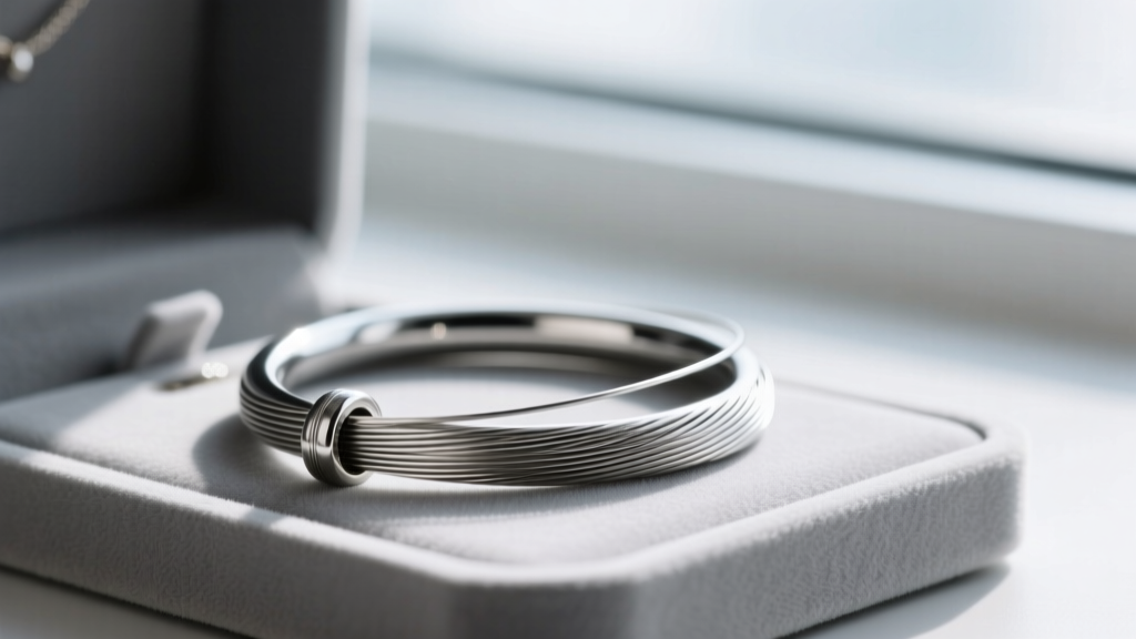 Macro shot of an 18-gauge continuous hoop mechanism showing the tension wire, resting on an anti-tarnish jewelry storage pad.