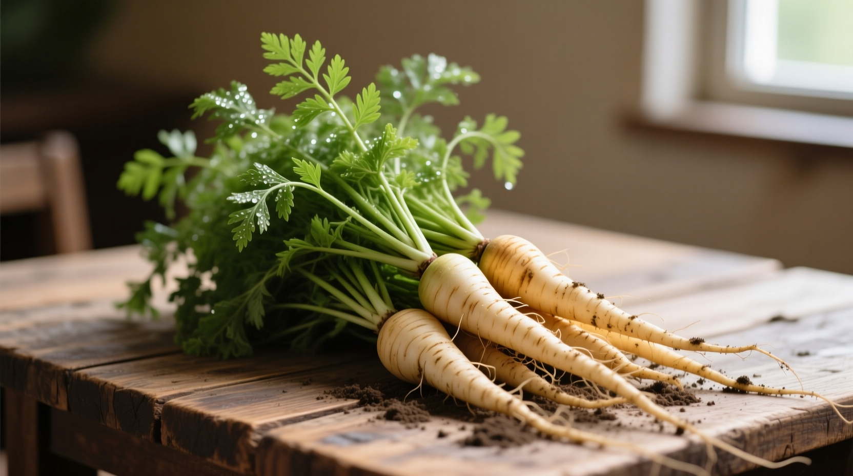 Fresh parsnips with green tops on wooden table
