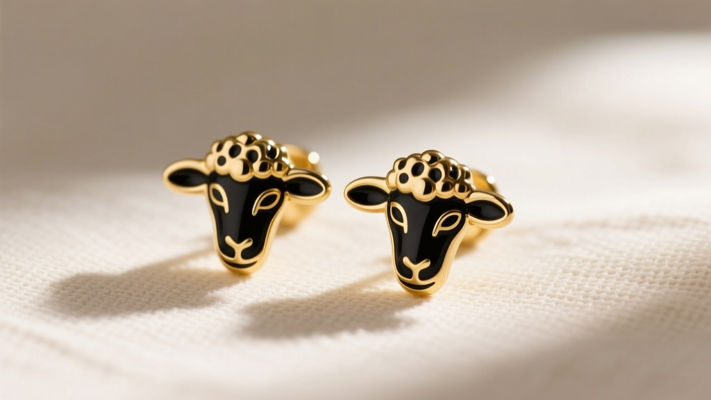 Close-up of a pair of matte gold vermeil sheep stud earrings with black enamel details, resting on a soft cream linen fabric background