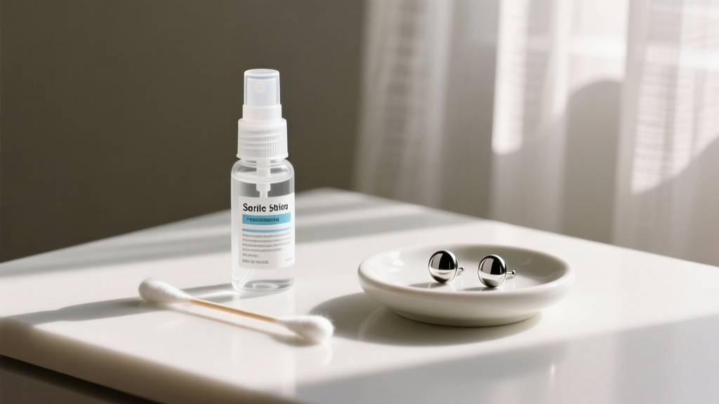 Minimalist vanity scene showing sterile saline spray, a cotton swab, and a small dish of hypoallergenic titanium stud earrings.