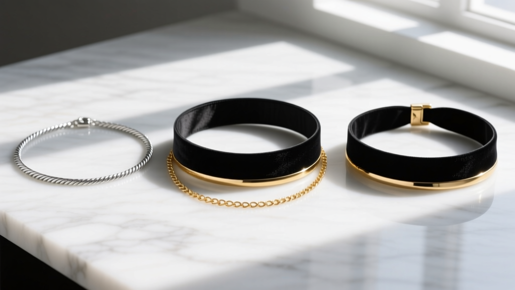 Flat lay of three choker necklaces in varying widths, from a 2mm silver cable chain to a 15mm black velvet ribbon, on marble.