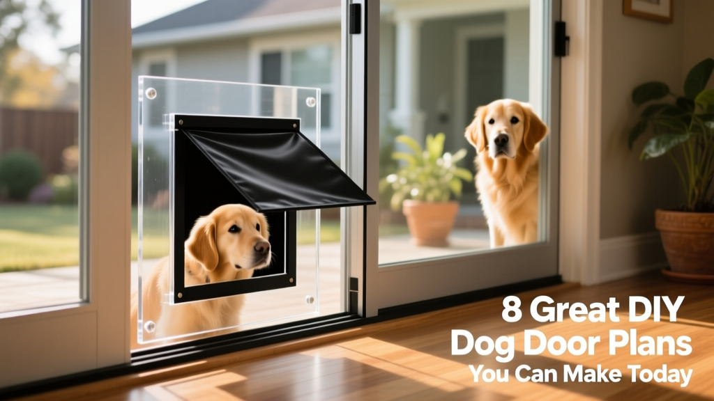 Close-up of a clear acrylic panel installed in a sliding glass door track, with a black vinyl flap covering the dog-sized opening