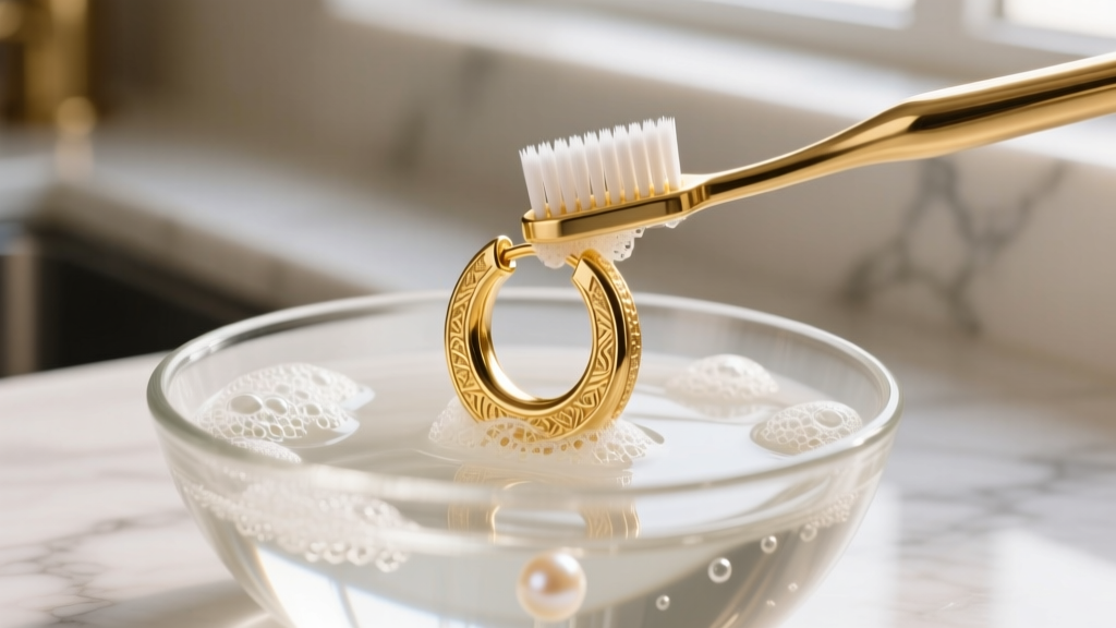Soft-bristled toothbrush gently scrubbing a textured 18k gold huggie earring submerged in a glass bowl of mild soapy water.
