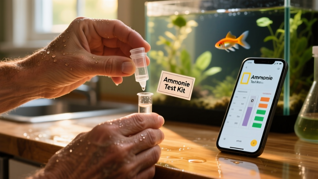 Close-up of hands using a liquid test kit to measure ammonia levels in an aquarium