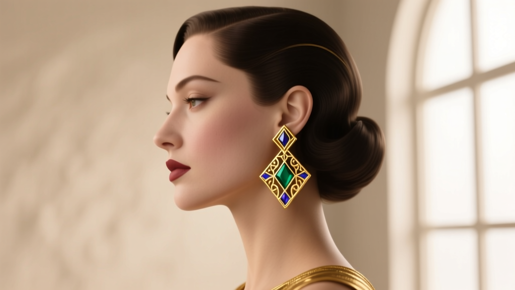 A woman wearing a single 1930s Art Deco gold and enamel ear clip, photographed in profile against a soft beige studio backdrop.