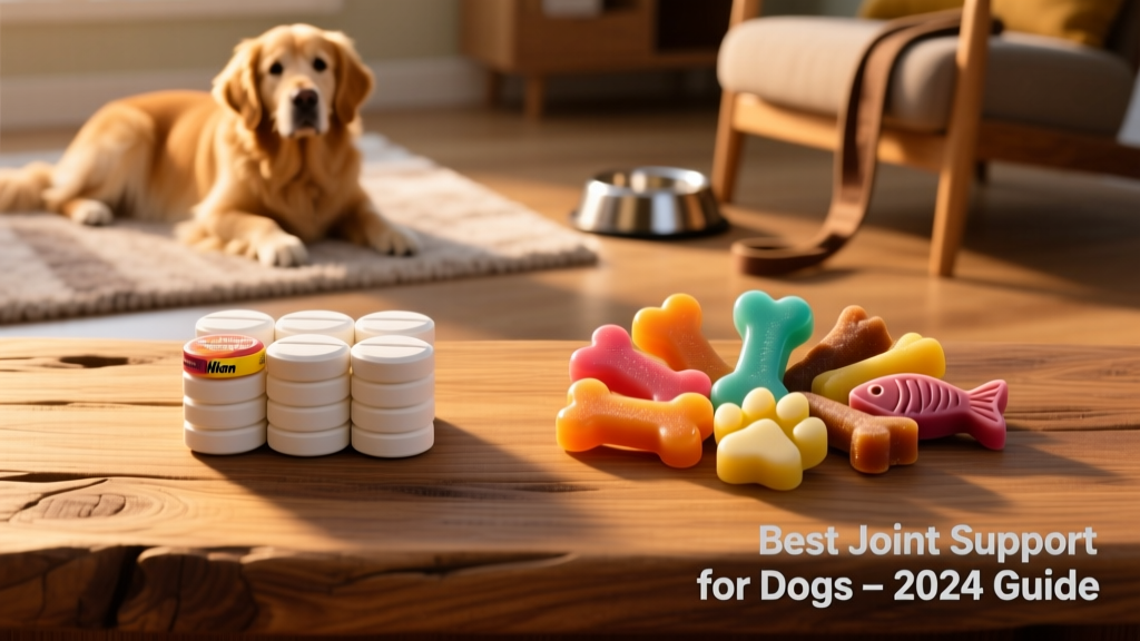 Side-by-side comparison of chewable joint supplement tablets and soft chews arranged neatly on a wooden surface