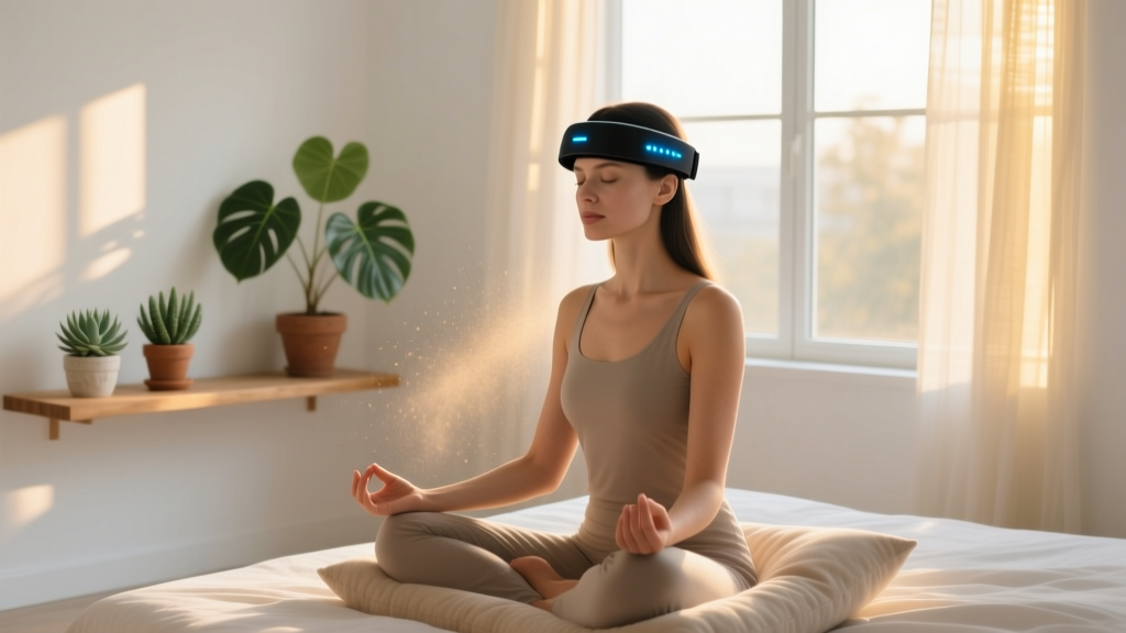 Woman wearing a sleek black EEG neurofeedback headband while meditating on a cushion in a sunlit minimalist bedroom with plants