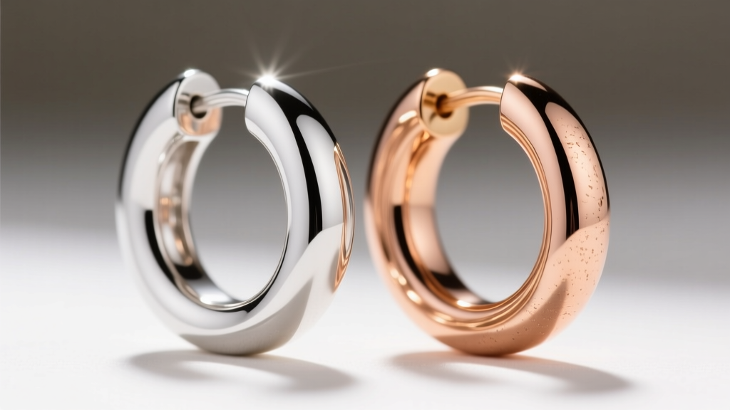 Macro shot of 14k white gold and rose gold interlocking hoops, showing distinct color contrast and high-polish metal finish details