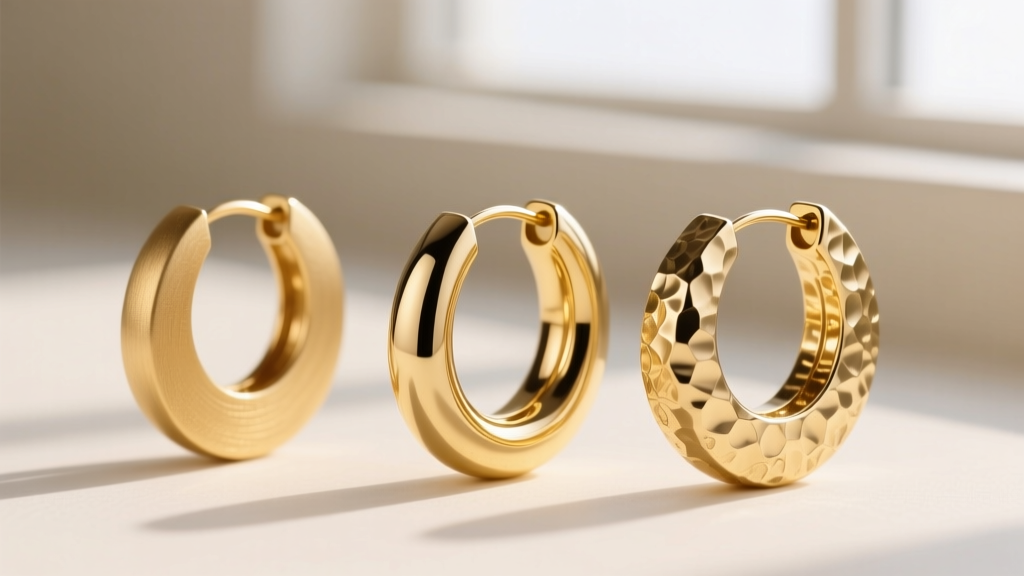 Macro photography of three gold bohemian hoop earrings showing different finishes: matte 18k, polished 14k, and hammered vermeil