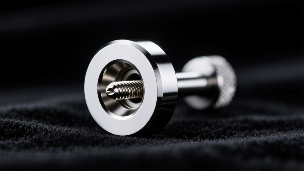 Macro shot of an implant-grade titanium flat-back labret on dark velvet, showing the mirror polish and internally threaded post.