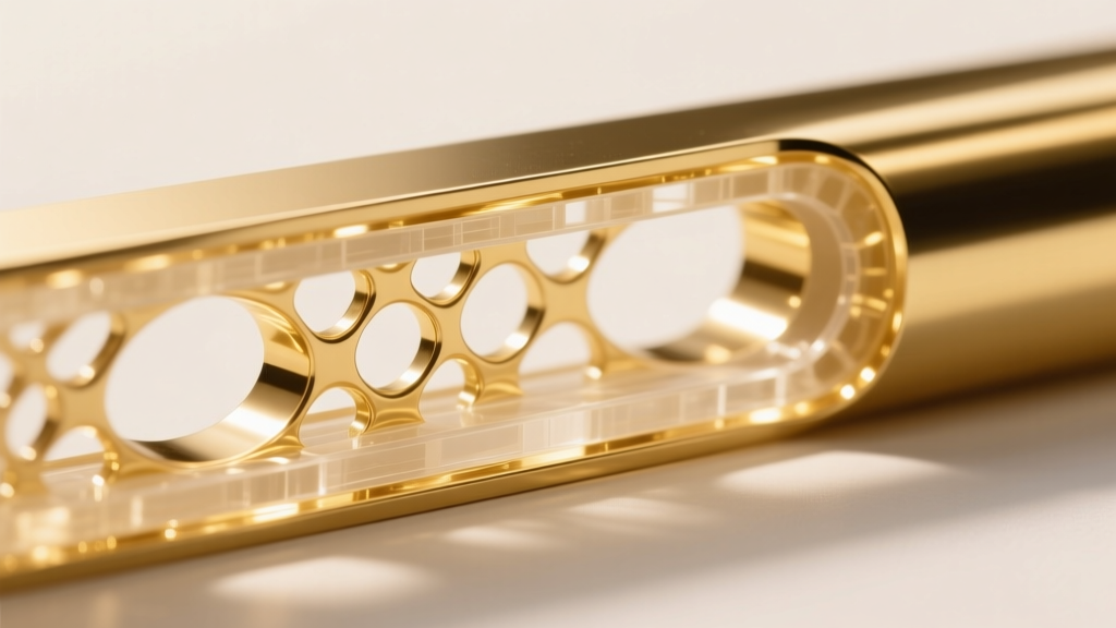 Cross-section macro photo showing a lightweight resin core coated in PVD gold, highlighting the hollow internal structure