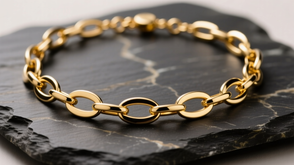 Macro photography of a 14k gold necklace with alternating thick oval and thin round links resting on dark slate stone