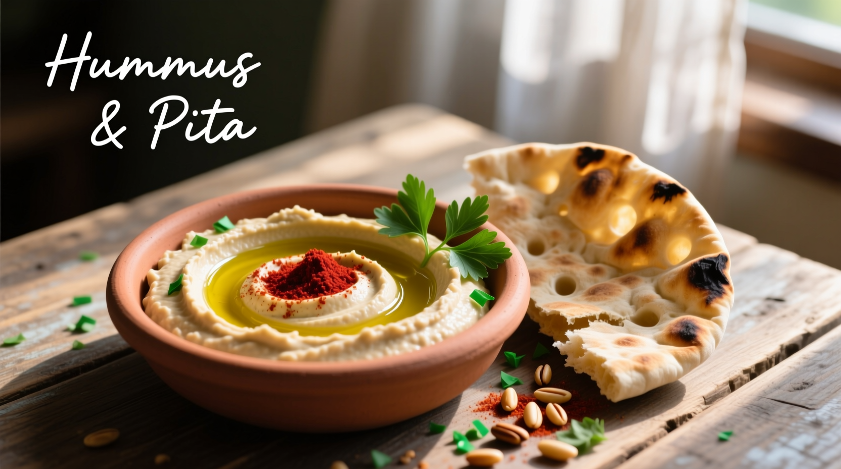 Creamy hummus in bowl with pita bread and garnishes