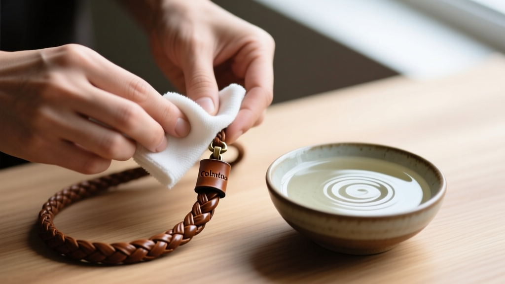 Hands gently wiping a braided leather Colantotte pendant cord with a microfiber cloth next to a small bowl of mild soapy water