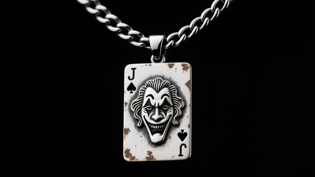 Close-up of an oxidized sterling silver joker playing card pendant on a black rhodium Cuban link chain, dramatic studio lighting