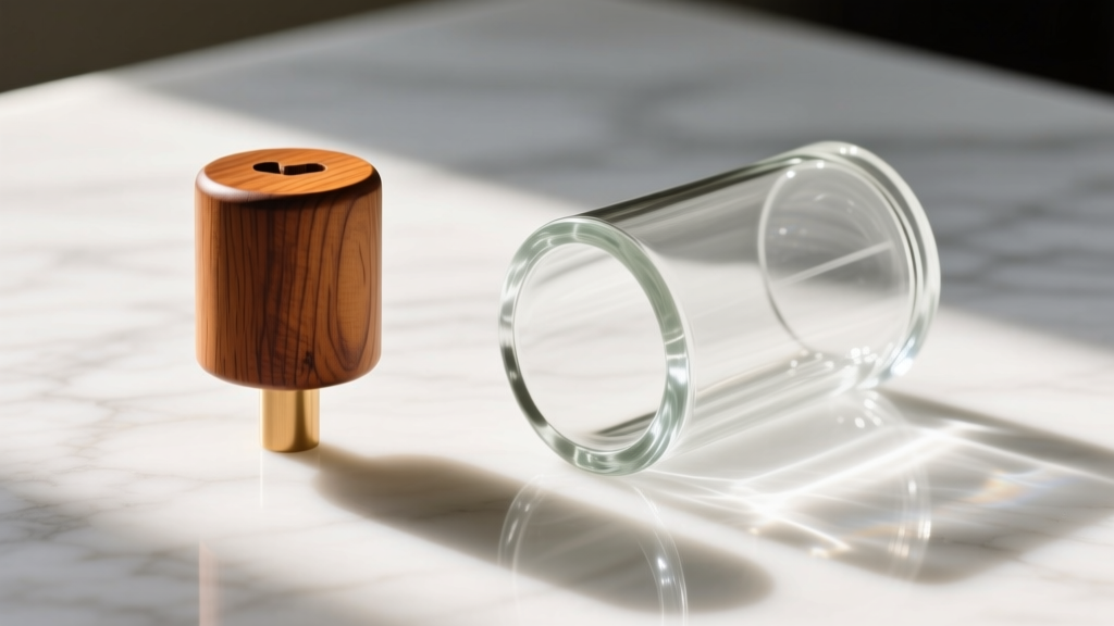 Side-by-side view of a solid wooden plug and a hollow glass tunnel resting on white marble with bright, warm natural sunlight.