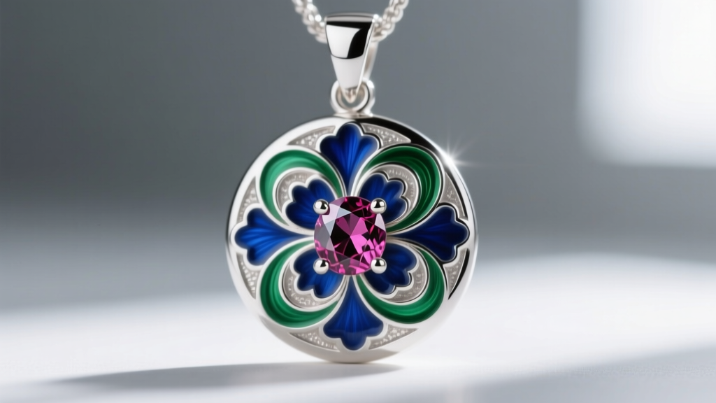 Macro shot of a sterling silver pendant showing recessed hard enamel and a prong-set synthetic ruby gemstone in the center