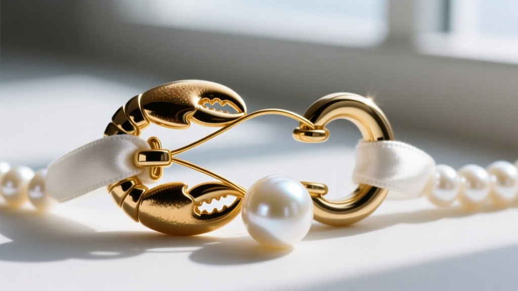 Macro shot of gold French wire protecting white silk thread looping through a 14k gold lobster clasp on a pearl necklace.