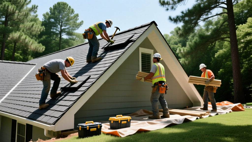 Roofing crew installing charcoal architectural shingles on a steep residential roof in Cumming Georgia, surrounded by pine trees in summer