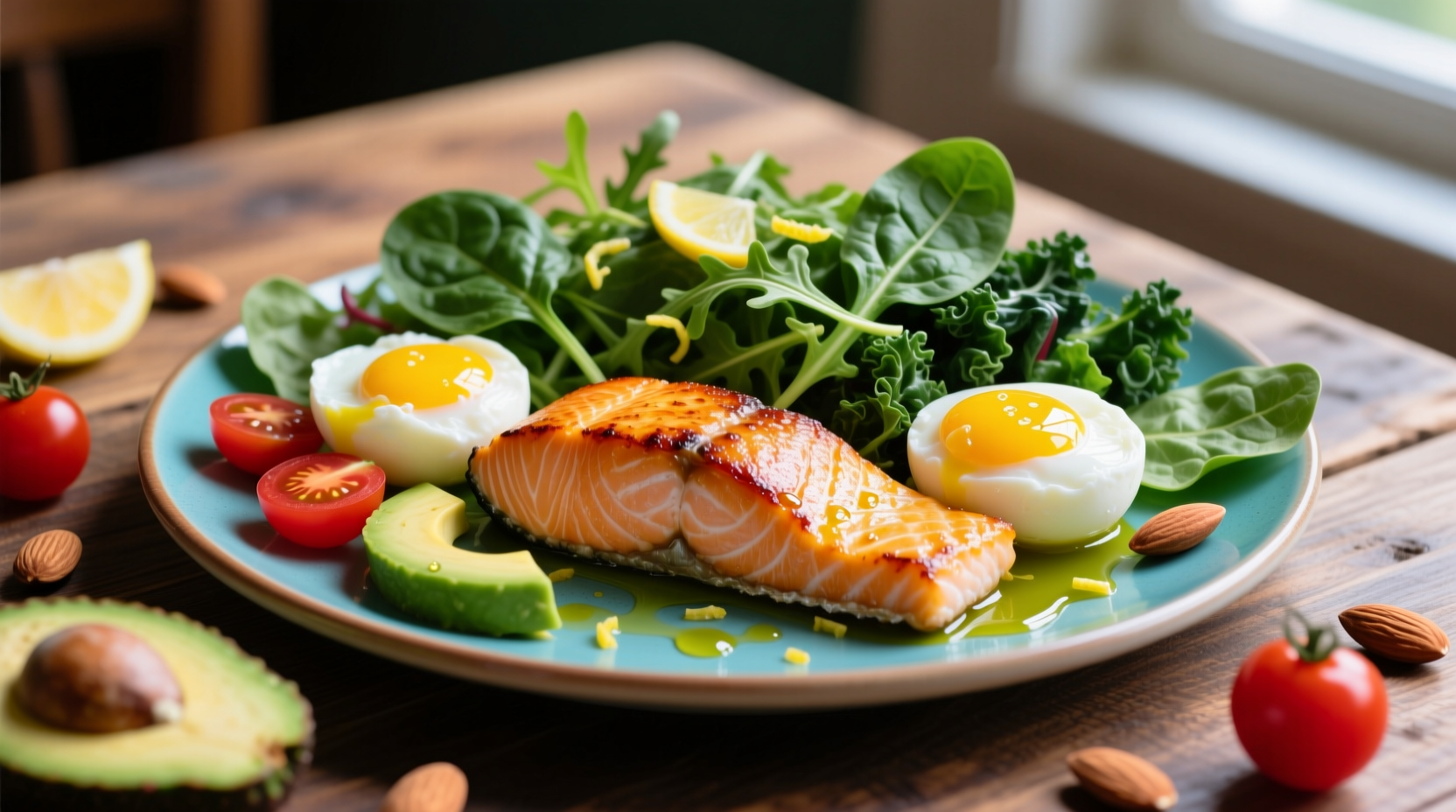 Colorful plate of vitamin B-rich foods including salmon, eggs, and leafy greens