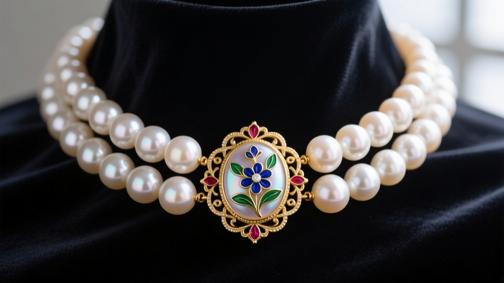 Close-up of a three-strand Akoya pearl Anastasia choker with an ornate gold and enamel central cameo connector on dark velvet