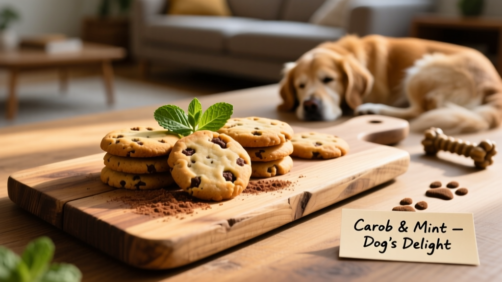 Freshly baked carob-mint dog cookies arranged on a rustic wooden board