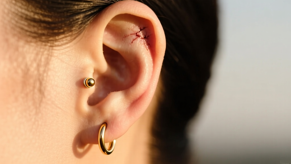 Side profile of an ear showing a healed helix piercing with a 16-gauge gold hoop, captured in natural sunlight with sharp focus.