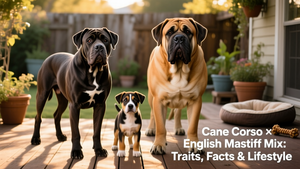 Side-by-side comparison showing the muscular build of a Cane Corso and the massive frame of an English Mastiff, highlighting how the mix blends both traits