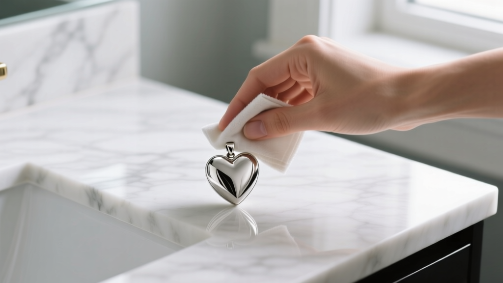 Hands wiping a silver heart magnetic pendant with a microfiber cloth, avoiding the seam, on a clean white marble vanity top