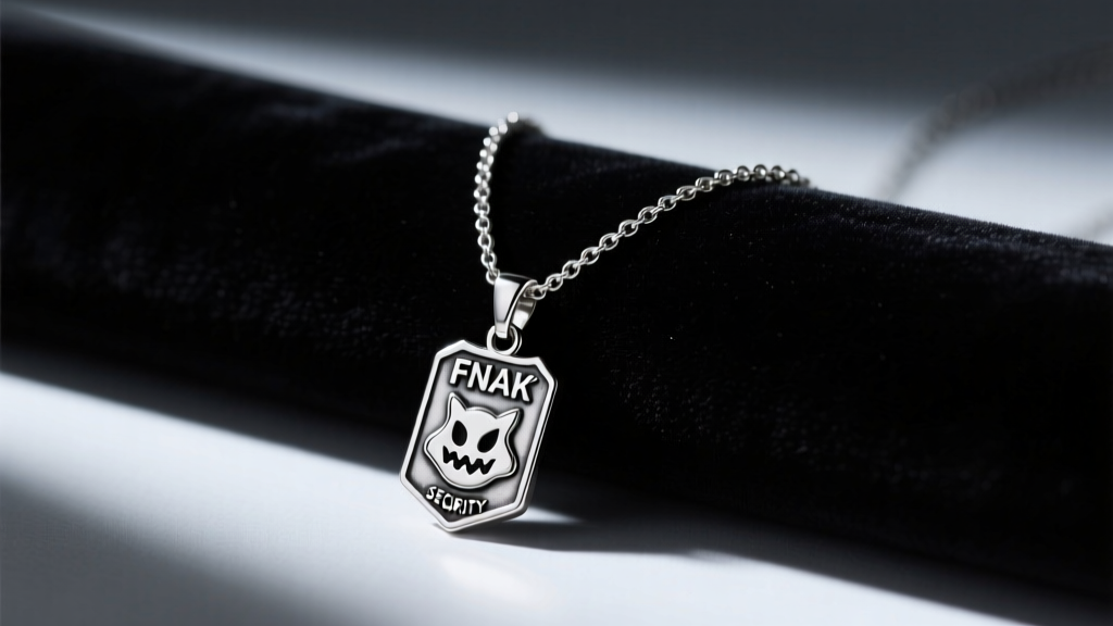 Sterling silver FNAF necklace with a small security badge pendant resting on dark velvet under moody, atmospheric studio lighting