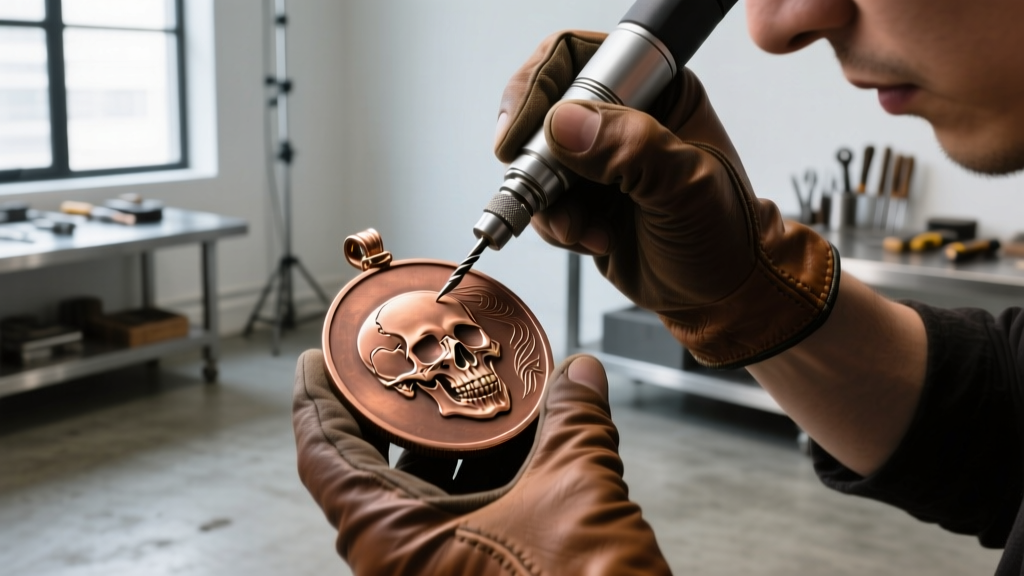 Jeweler using a flex shaft rotary tool to carve intricate skull details into a thick round bronze coin pendant blank.