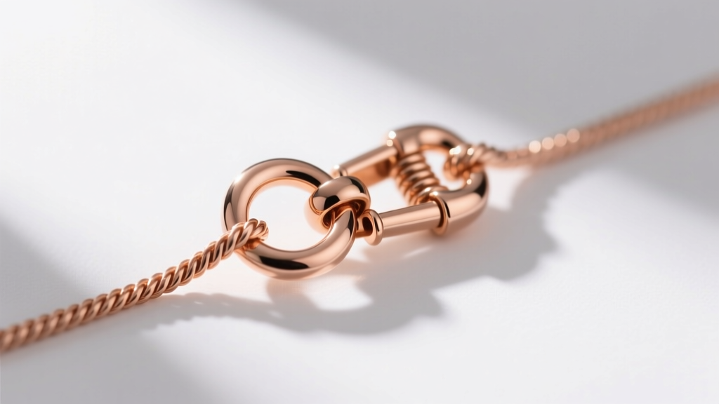 Close-up of a 14k rose gold lobster clasp on a 1.0mm rope chain, showing the soldered jump ring and spring mechanism tension