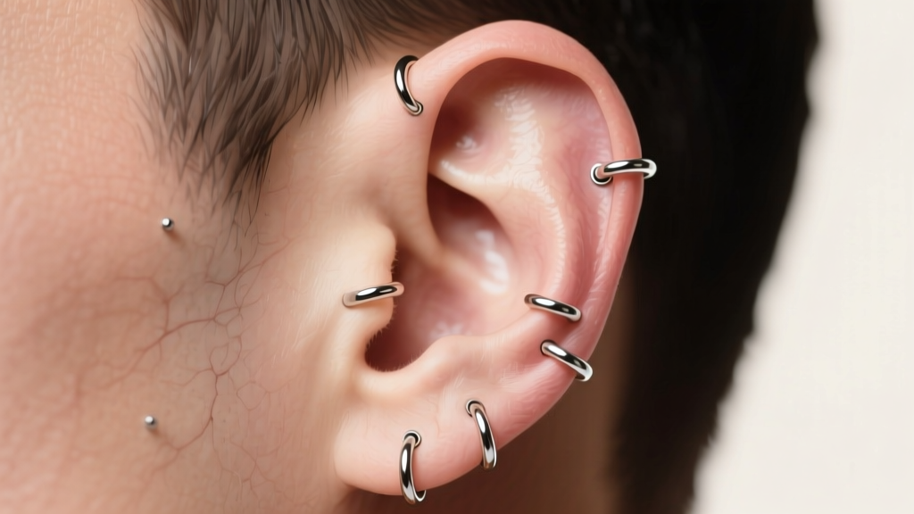 Close-up anatomical diagram of a male ear highlighting lobe, helix, and tragus piercing placements with 16-gauge titanium rings