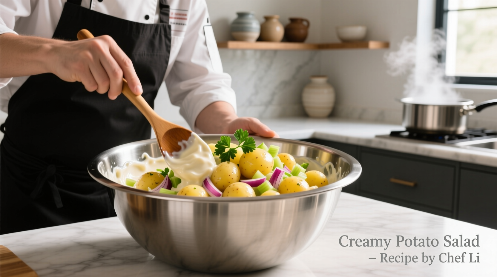 Chef preparing creamy potato salad in stainless steel bowl