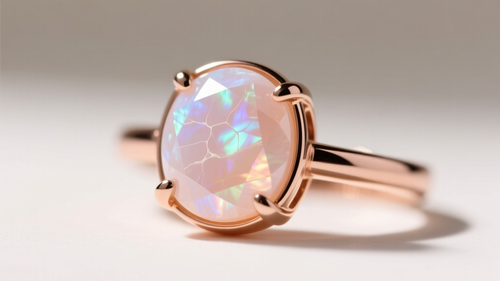 Close-up of a peach moonstone in a rose gold bezel setting, protecting the delicate gem edges from chipping and everyday wear.