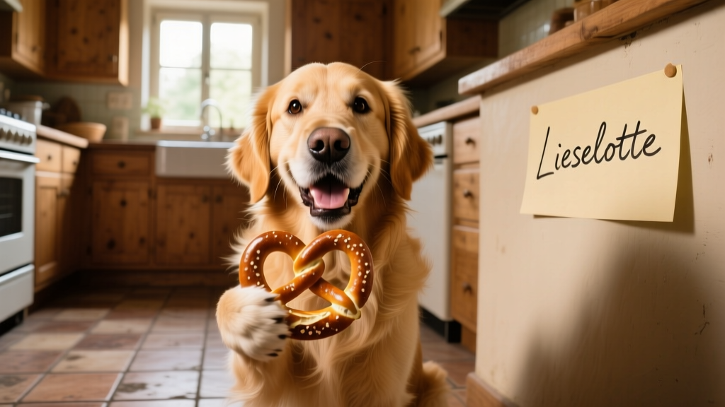 A golden retriever happily holding a pretzel-shaped chew toy in a cozy kitchen