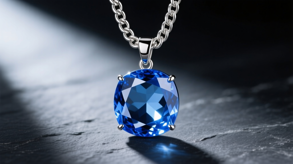 Translucent blue 2001 Atlantis crystal pendant on a heavy 5mm sterling silver Cuban chain against a dark slate background