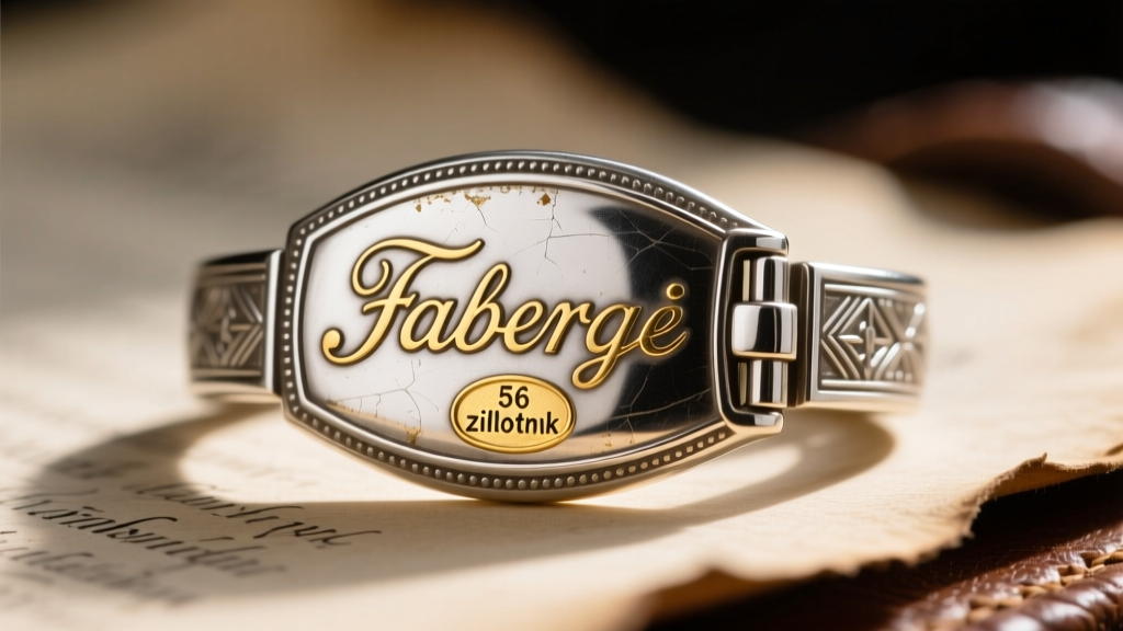 Extreme close-up of a vintage clasp showing the Cyrillic Fabergé hallmark and 56 zolotnik gold purity stamp in sharp focus