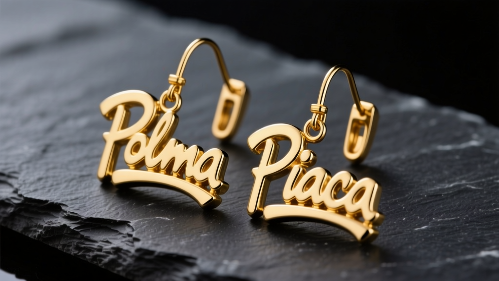 Macro shot of 18k gold Paloma Picasso Graffiti script drop earrings on dark slate, showing brushed finish and sharp angles.