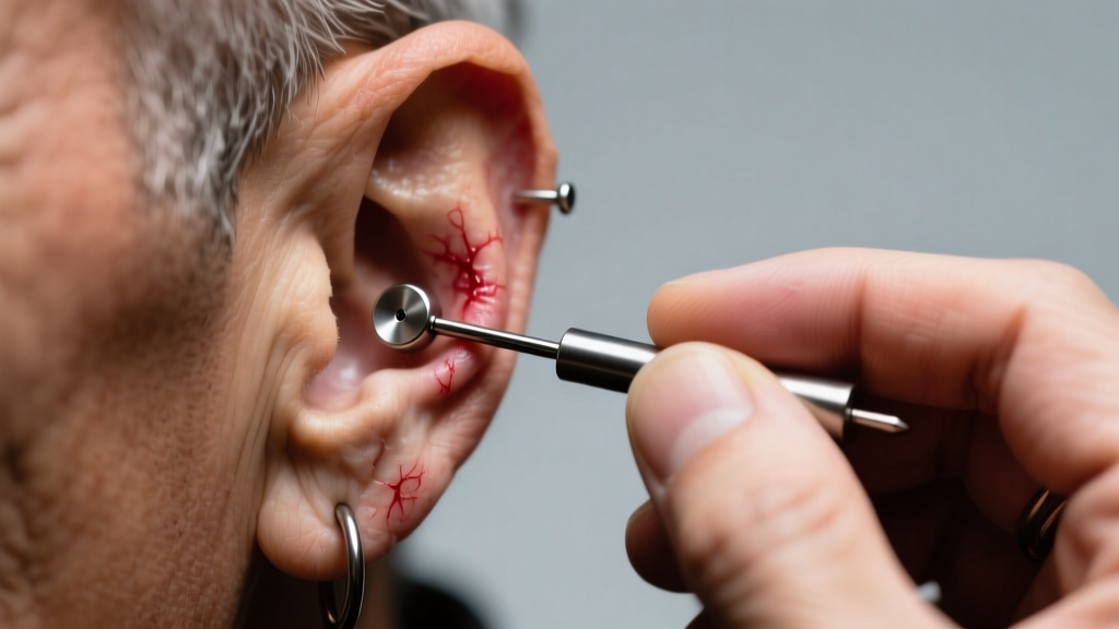 Close-up of a professional piercer examining a swollen 16-gauge titanium flat-back labret in an upper helix cartilage piercing under clinical lighting