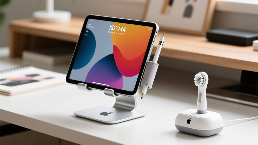 Hybrid artist desk featuring an iPad Pro M4 on a silver Roost stand, an Apple Pencil in a magnetic sleeve, and a compact ultrasonic brush cleaner