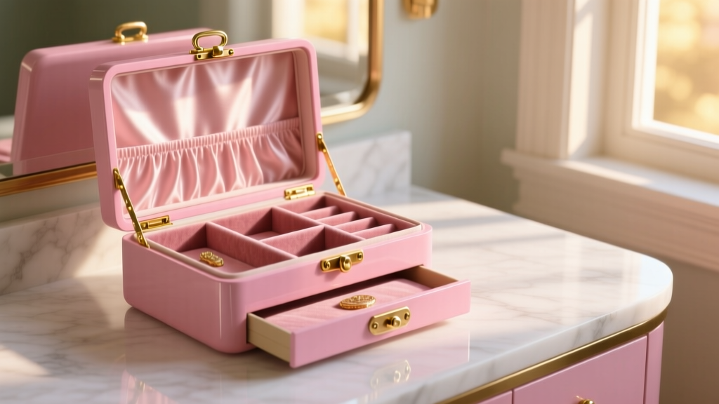 A restored 1950s pink vintage jewelry box with brass clasps open on a white marble vanity, lit by warm morning light.