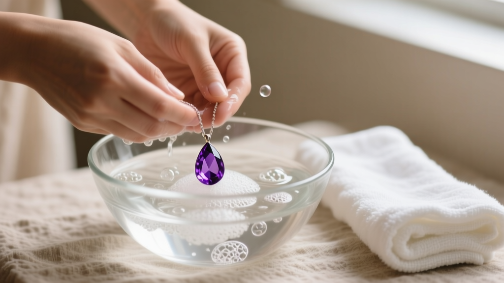 Hands washing an amethyst crystal teardrop necklace in a glass bowl of soapy water, microfiber cloth resting on a towel nearby
