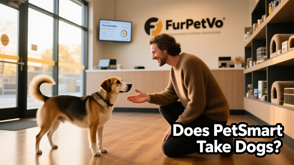 A friendly dog meeting a potential adopter inside a FurPetVo store adoption center