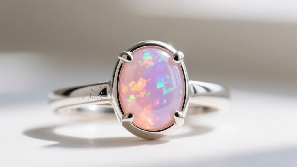 Macro jewelry shot showing a secure sterling silver bezel setting enclosing a smooth cabochon Peruvian pink opal, avoiding prongs.